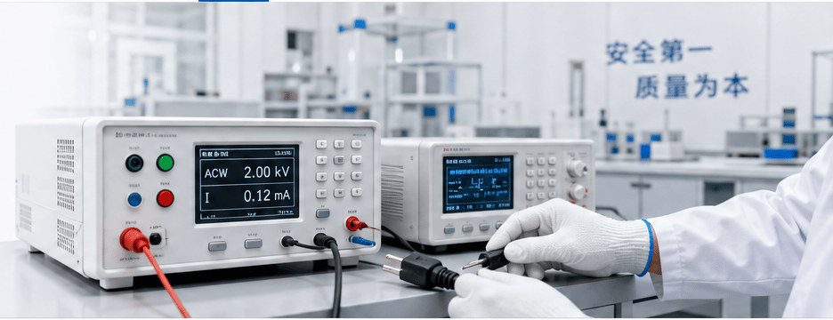 Laboratory technician testing a plug and power cord with inspection instruments
